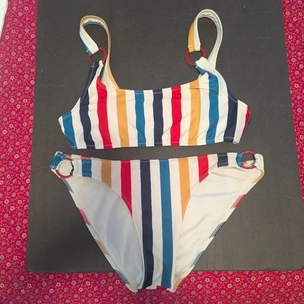 Volcom Multicolor Striped Bikini - Navy Red Teal Mustard White - Picture 3 of 8